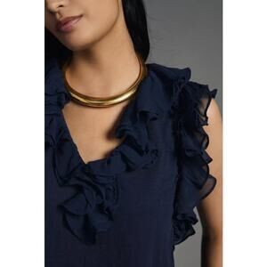 by Anthropologie Navy Ruffled V Neck Blouse Womens 1X